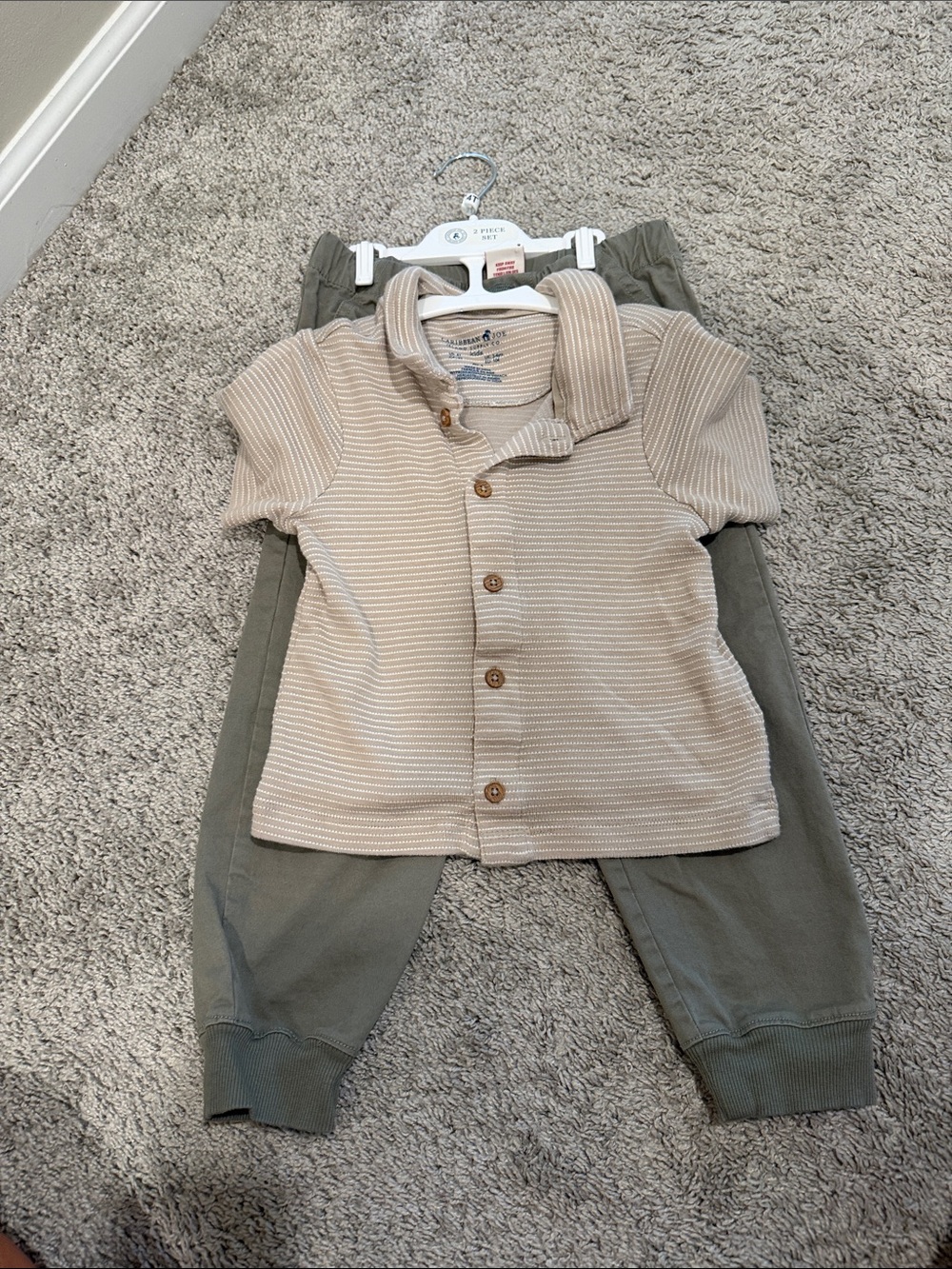 Toddler Boy Beige Striped Button-Front Top and Olive Jogger Set